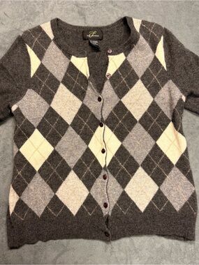 100% Cashmere Gray Argyle Wool Blend Button Cardigan